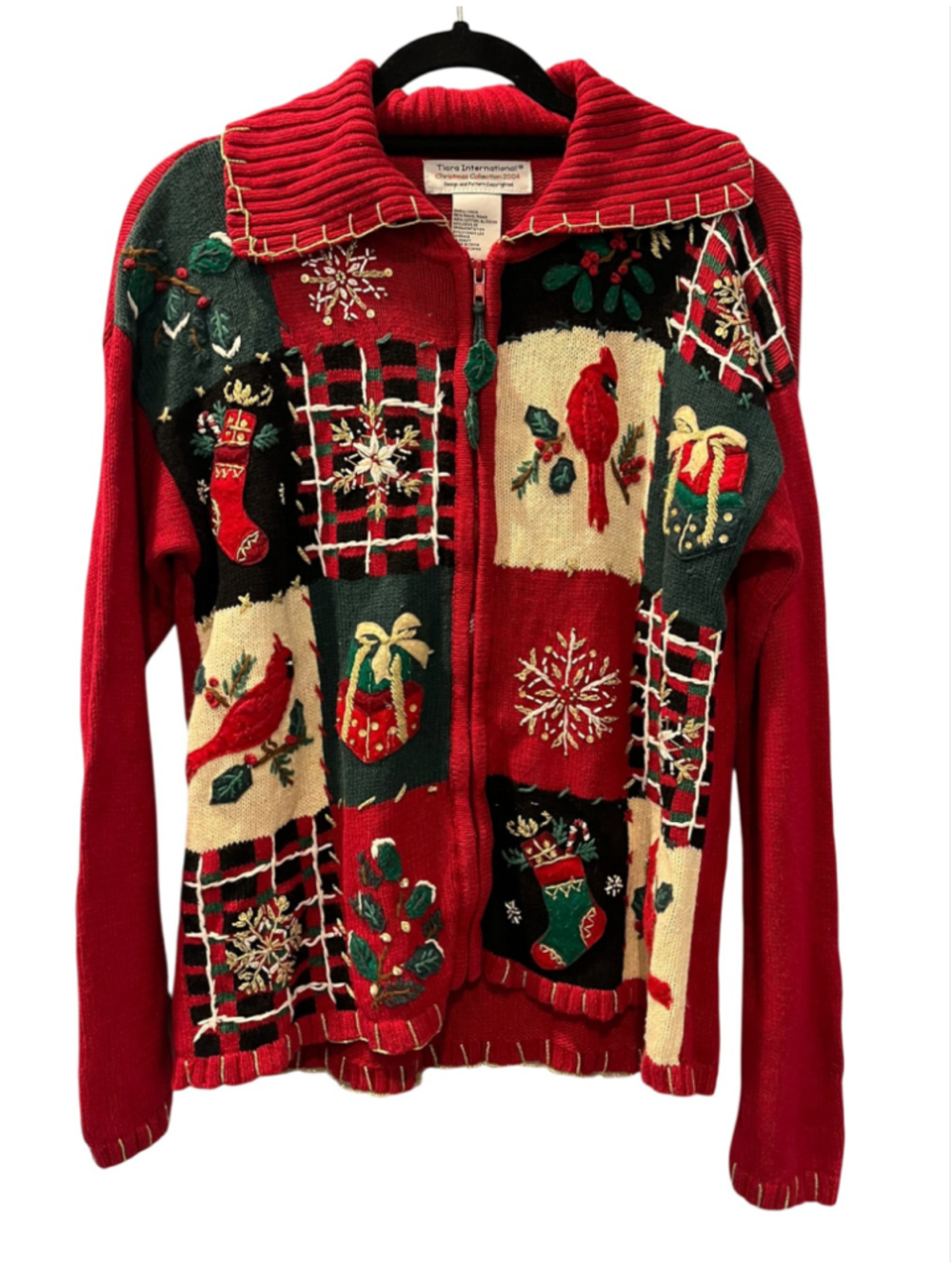 Vtg 2004 Tiara International Christmas Sweater Cardigan Zip Patchwork Cardigan S